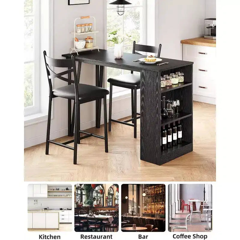 3 Piece Bar Table Set for 2, Bar Table and Chairs Set with with Flip Top Extension, Dining Table Set with Storage Shelves, Suitable for Small Space