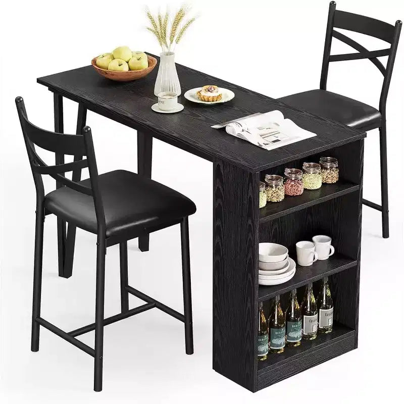 3 Piece Bar Table Set for 2, Bar Table and Chairs Set with with Flip Top Extension, Dining Table Set with Storage Shelves, Suitable for Small Space