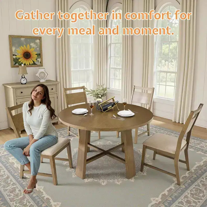 AMERLIFE 46 Round Solid Wood Dining Table, Chairs, Mid-Century Kitchen & Lining Room Furniture