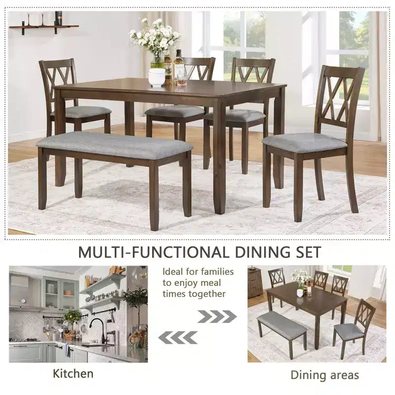 Homy Casa 6-Piece Wooden Dining Table Set with 4 Upholstered Chairs and Bench, Rectangular Kitchen Table, Walnut