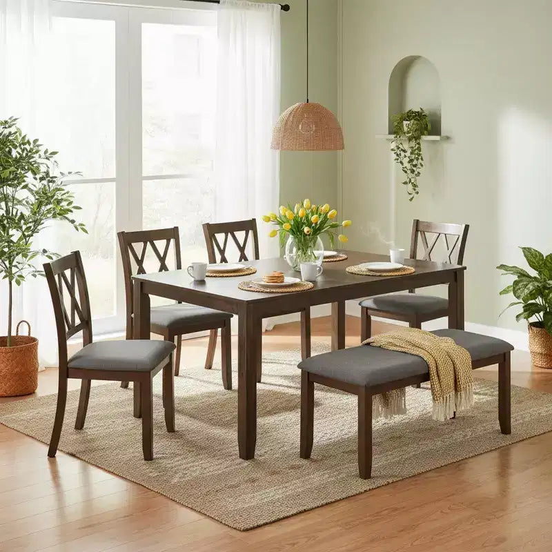 Homy Casa 6-Piece Wooden Dining Table Set with 4 Upholstered Chairs and Bench, Rectangular Kitchen Table, Walnut
