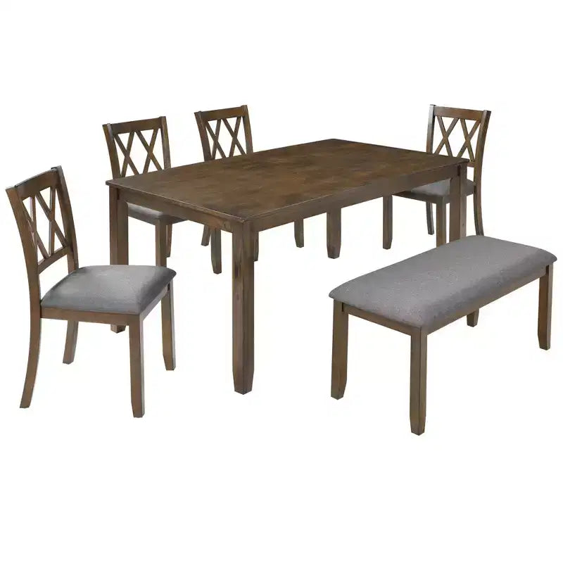 Homy Casa 6-Piece Wooden Dining Table Set with 4 Upholstered Chairs and Bench, Rectangular Kitchen Table, Walnut