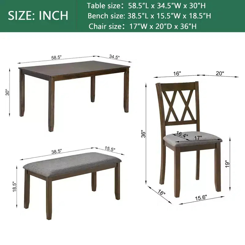 Homy Casa 6-Piece Wooden Dining Table Set with 4 Upholstered Chairs and Bench, Rectangular Kitchen Table, Walnut