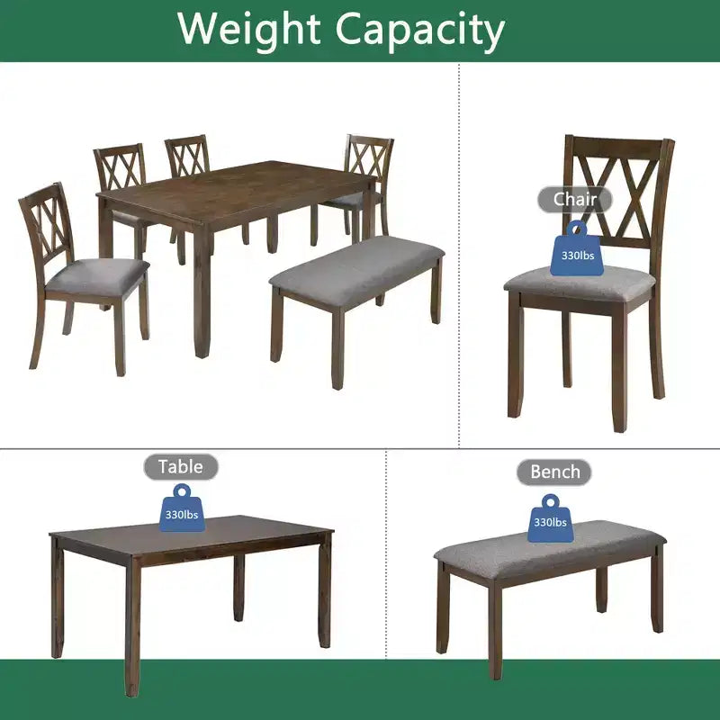 Homy Casa 6-Piece Wooden Dining Table Set with 4 Upholstered Chairs and Bench, Rectangular Kitchen Table, Walnut