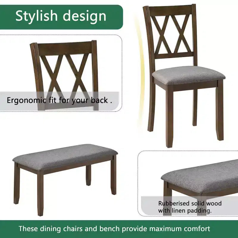 Homy Casa 6-Piece Wooden Dining Table Set with 4 Upholstered Chairs and Bench, Rectangular Kitchen Table, Walnut