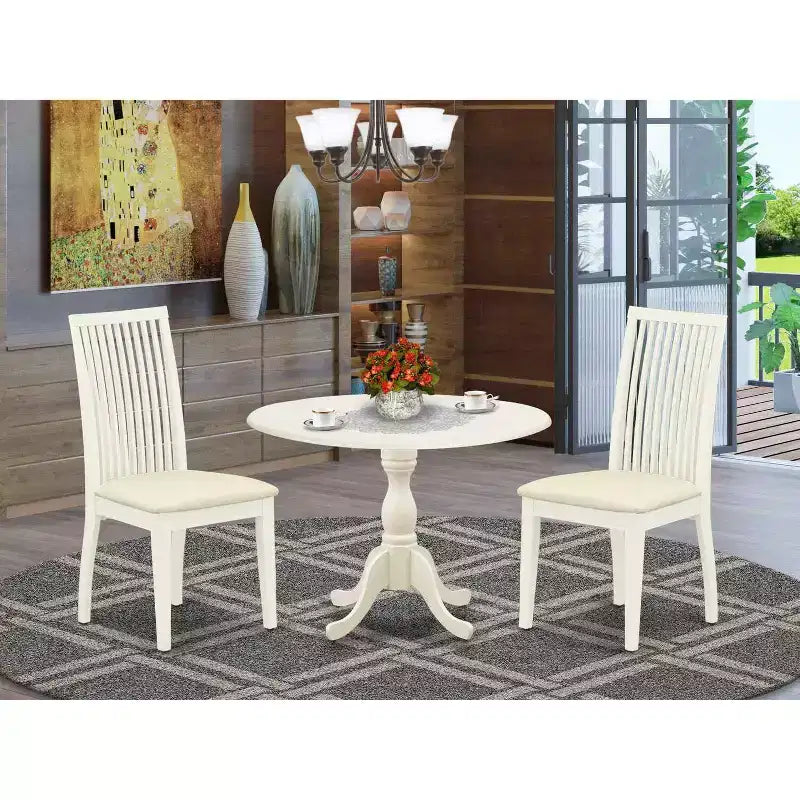 3-Piece Linen White Finish Solid Wood Top - Dining Room Set - Seats 4
