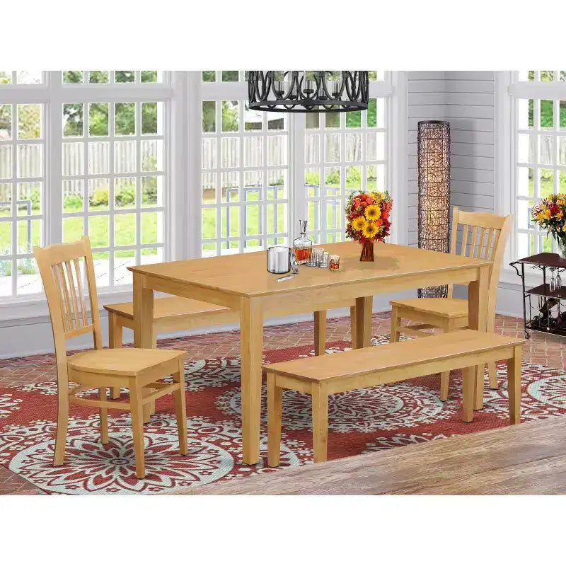 HomeStock 5-Piece Rectangle Natural Oak Finish Solid Wood Top Dining Table with 2 Benches, 2 Chairs
