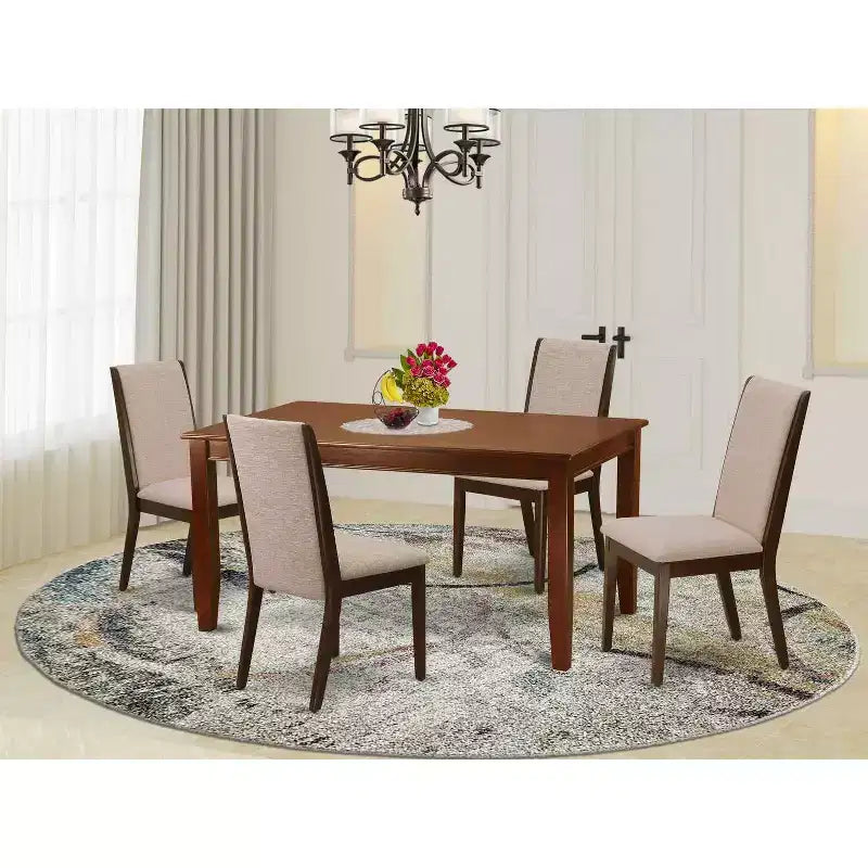 HomeStock 5-Piece Rectangle Mahogany Finish Solid Wood Top Dining Table with 4 Parson Chair