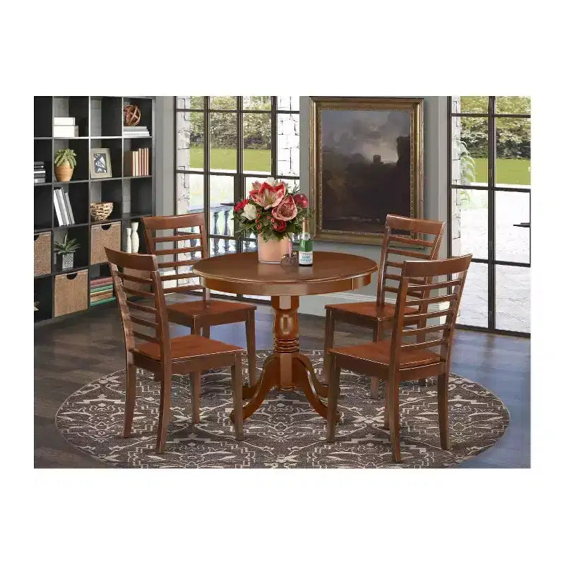 Antique Kitchen Dining Set - 5 Piece Table & Chair Set, 36 Inch Round, Mahogany Finish