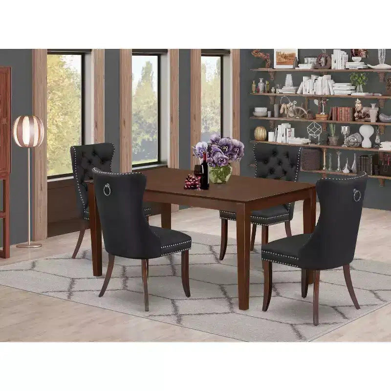 5-Piece Rectangular Mahogany Finish Solid Wood Top-Upholstered Dining Room Set-Seats 4