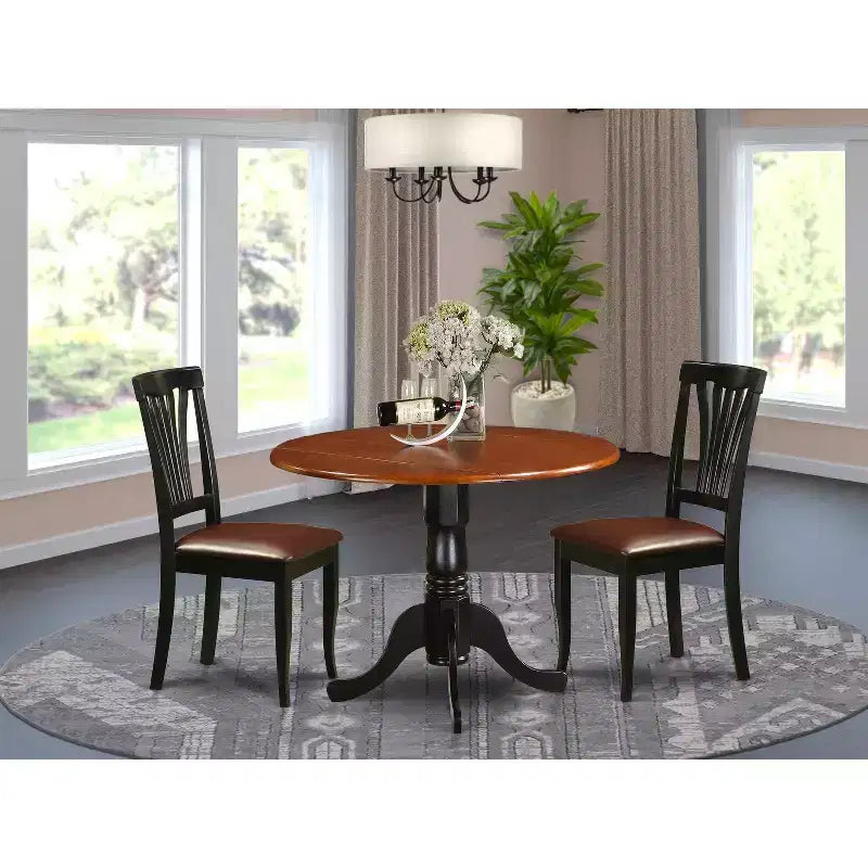 Dining Table Set with 2 Chairs, Round Dropleaf Kitchen Table, Solid Rubberwood, Saddle Brown Finish, 42x42 Inch