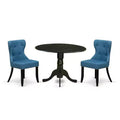Nordic Dining Table Set for 2 - Modern Round Pedestal Table & Linen Fabric Chairs - Mineral Blue & Black