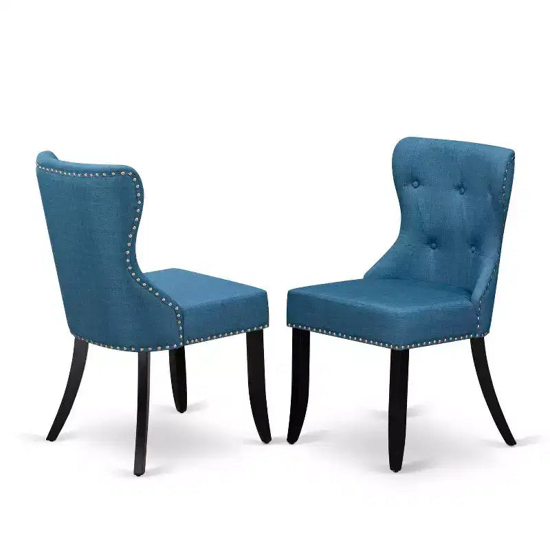 Nordic Dining Table Set for 2 - Modern Round Pedestal Table & Linen Fabric Chairs - Mineral Blue & Black