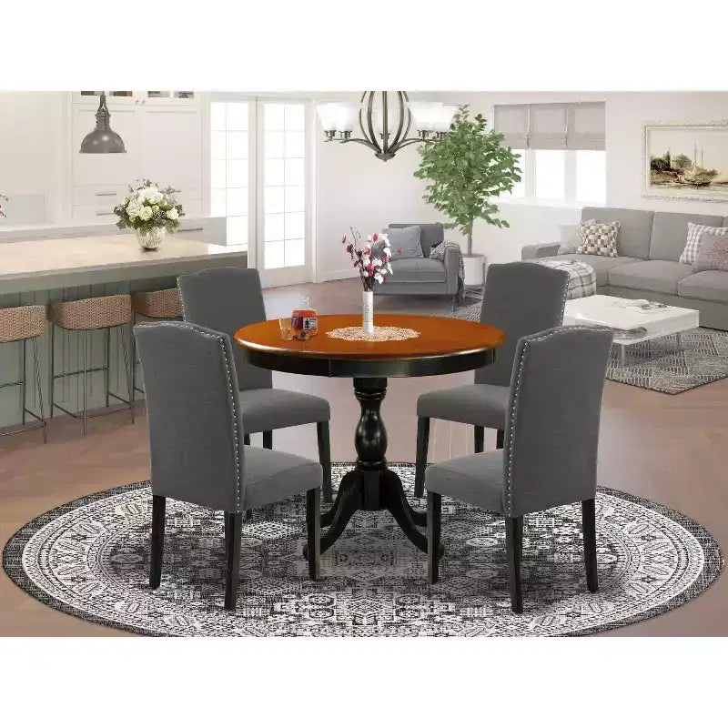 HomeStock 5-Piece Round Black and Cherry Finish Solid Wood Top Dining table with 4 Chairs