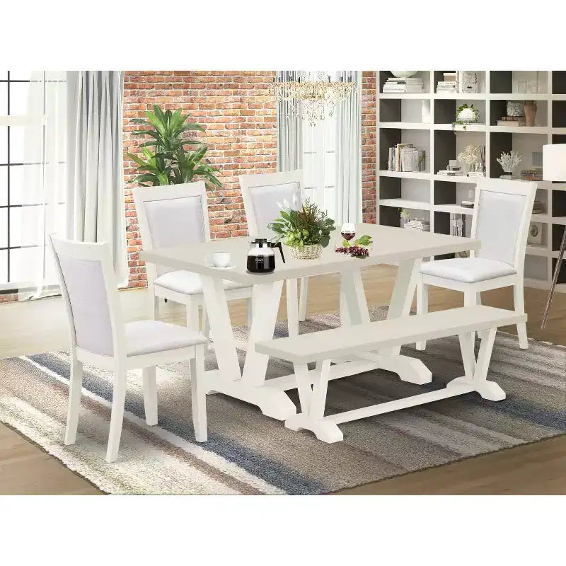 HomeStock 6-Piece Rectangle Wire Brushed Linen White Finish Solid Wood Top Dining Table with 1-Bench, 4-Chairs