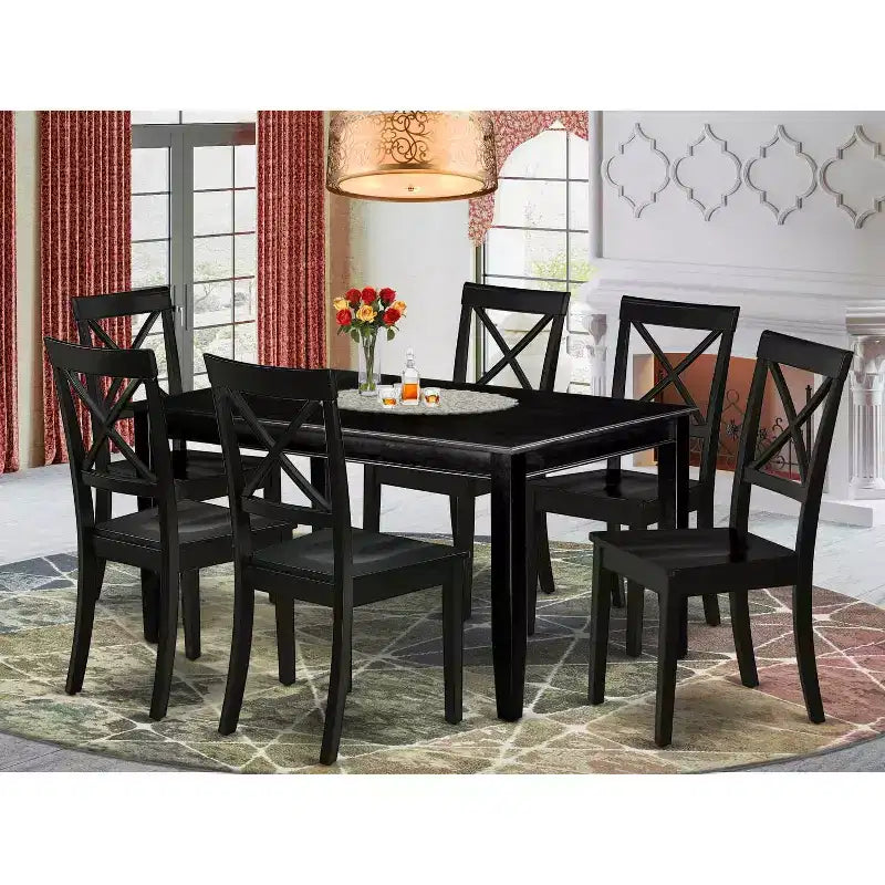Mediterranean Dining Set 7 Piece - Table & 6 Chairs - 36x60 Inch - Black Finish - HomeStock
