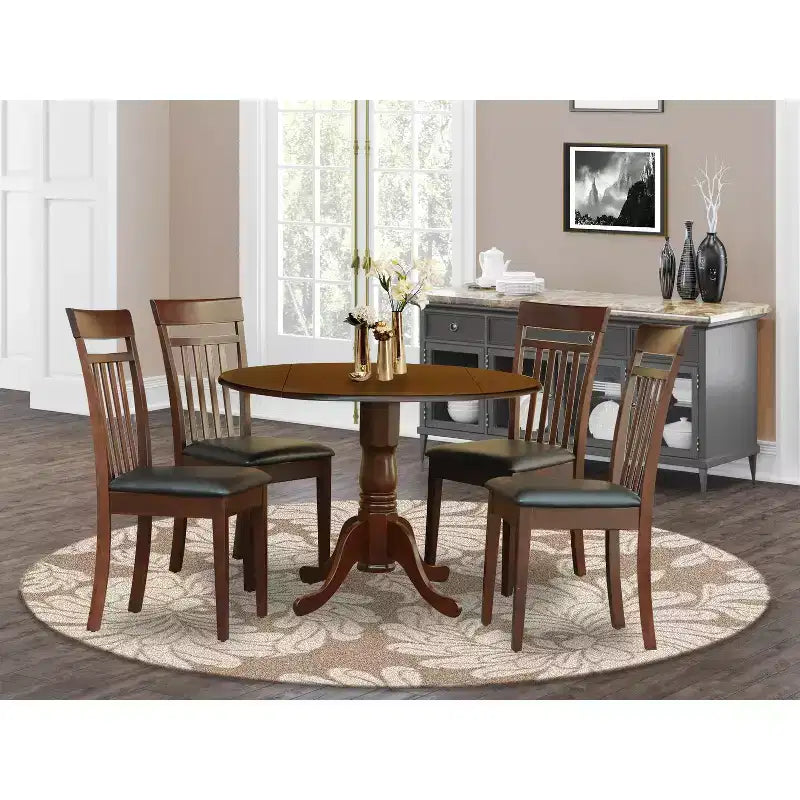 Dining Set for 4 with Dropleaf Table and Chairs, Small Round Pedestal Table with Ladder Back Chairs, Mahogany Finish