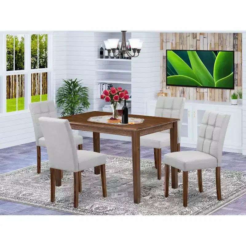 HomeStock 5-Piece Antique Walnut Finish Solid Wood Top - Rectangular Dining Room Set - Seats 4