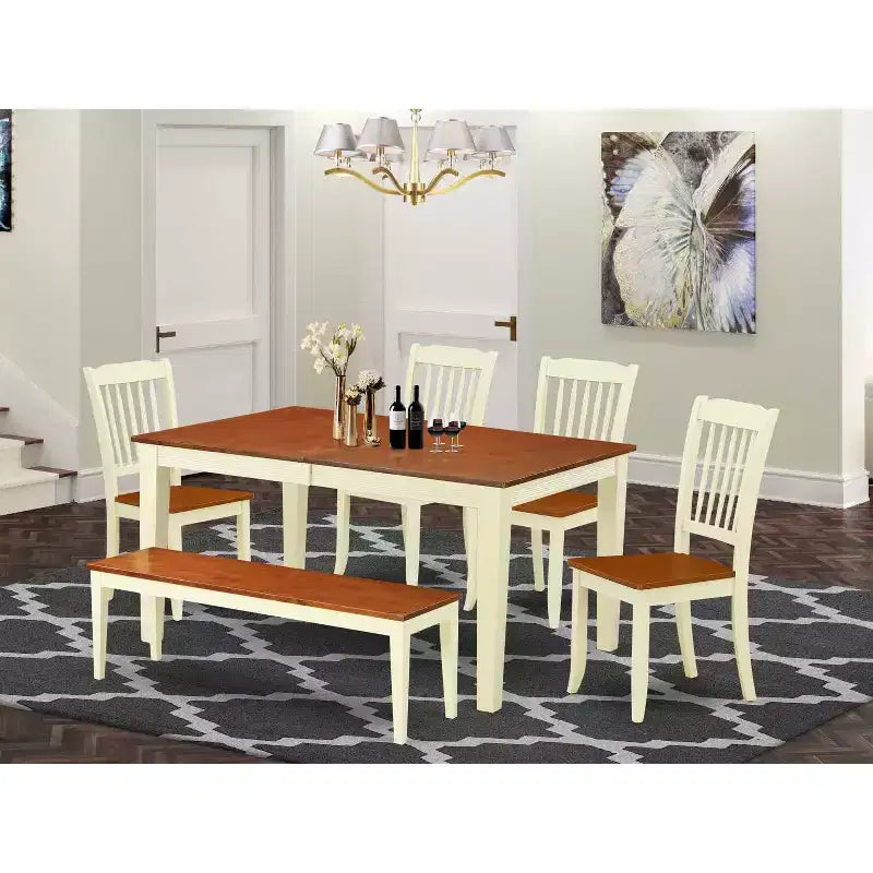 Retro Dining Set 6Pc Rectangular Table w/ Leaf & 4 Chairs Bench - 54/66 Inch