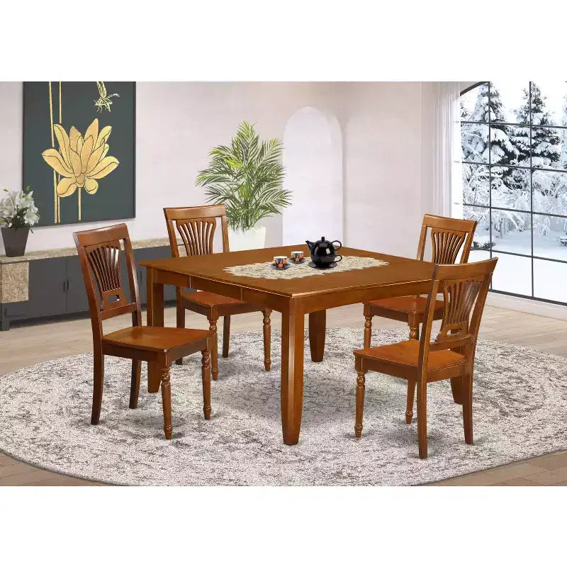 HomeStock 5-Piece Square Saddle Brown Finish Solid Wood Top Dining Table with 4 Chairs