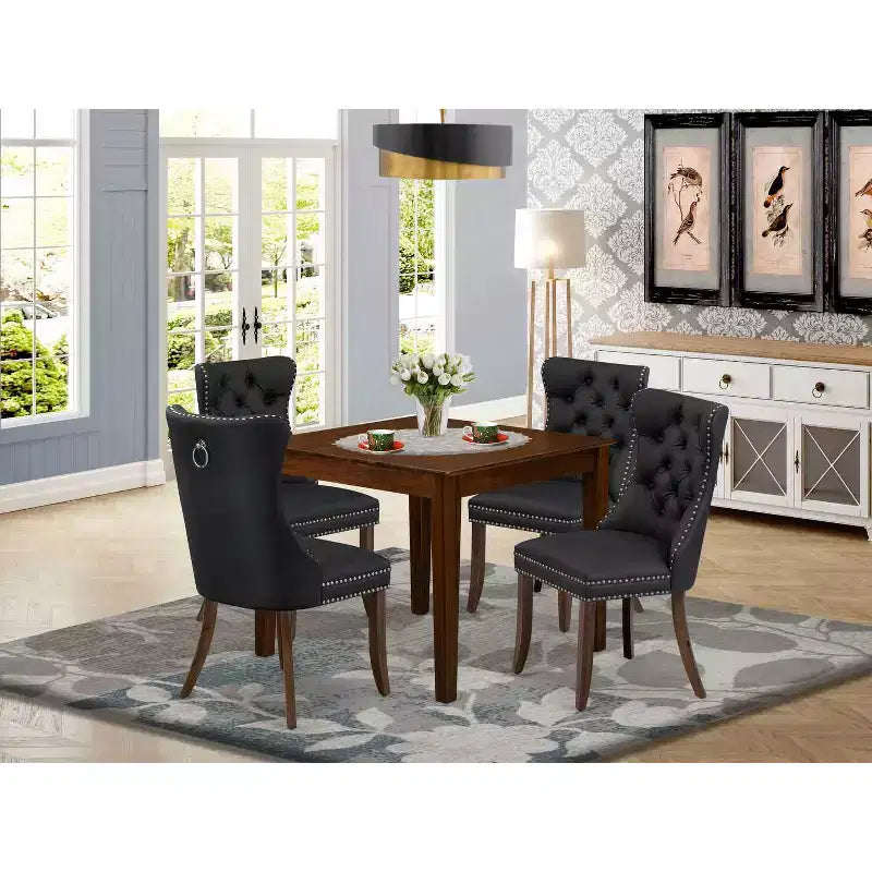 HomeStock 5-Piece Antique Walnut Finish Solid Wood Top - Square Upholstered Dining Room Set - Seats 4