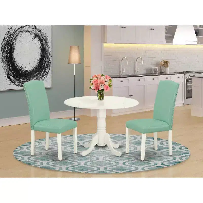 Round Kitchen Table Set 3pc 42 Inch Table w/ Drop Leaves & 2 Parsons Chairs - Modern Dining Set
