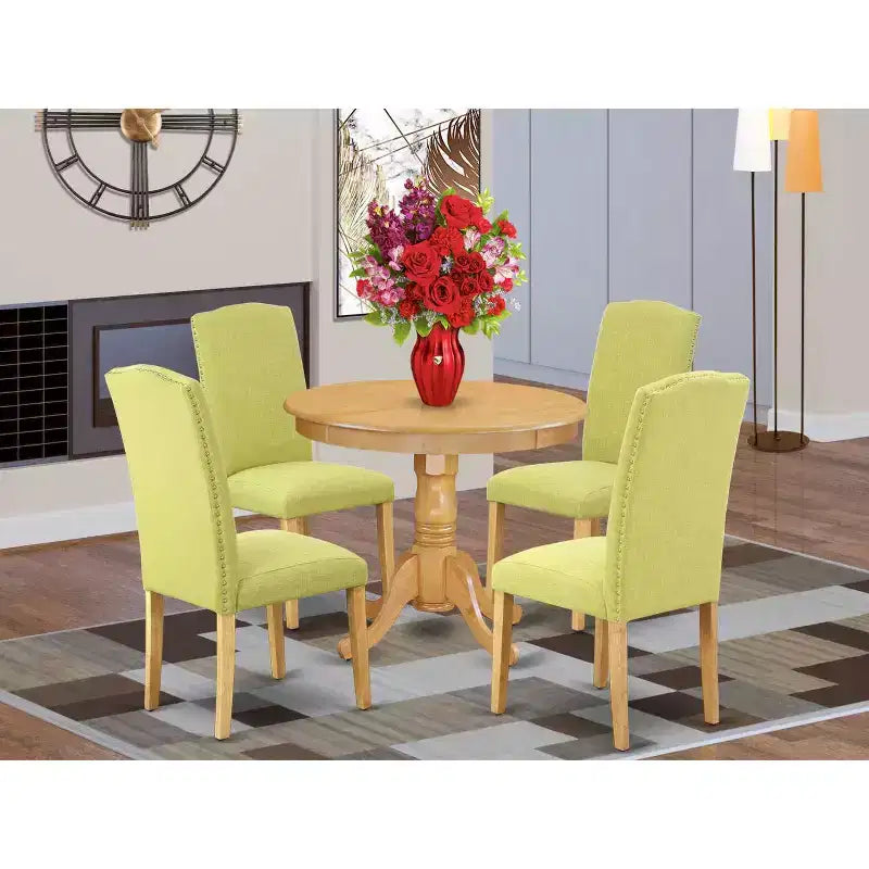 Modern Round Dining Set 5Pc - 36 Table & 4 Chairs - Oak Legs, Linen Fabric - HomeStock
