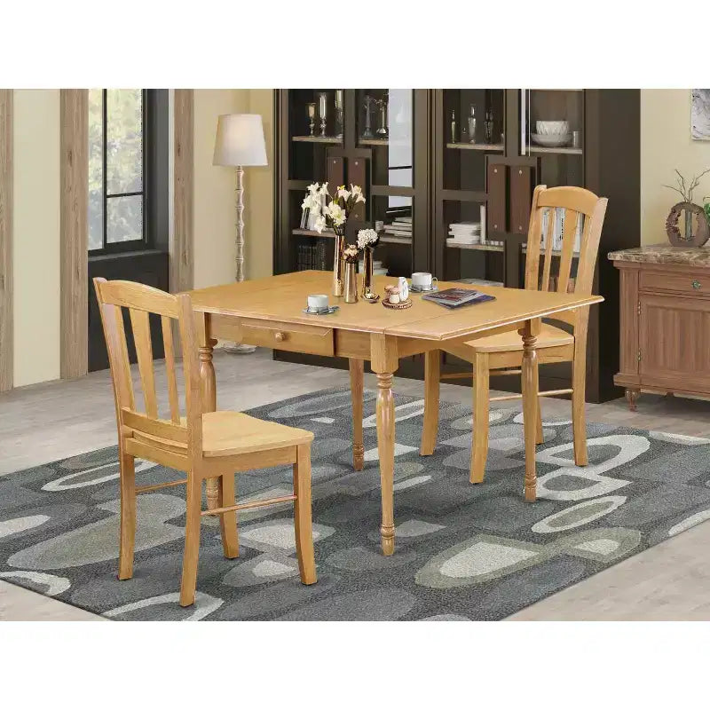 HomeStock 3-Piece Natural Brown Oak Finish Solid Wood Top With Dropleaf Dining Table Set