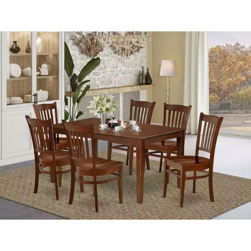 Rectangular Dining Table Set 7Pc 60 Inch Table with 6 Wood Kitchen Chairs