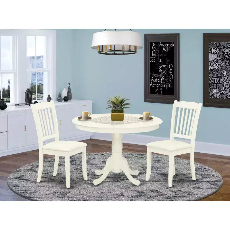 HomeStock 3-Pc Linen White Finish Solid Wood Top - Round Dining Room Set - Seats 4