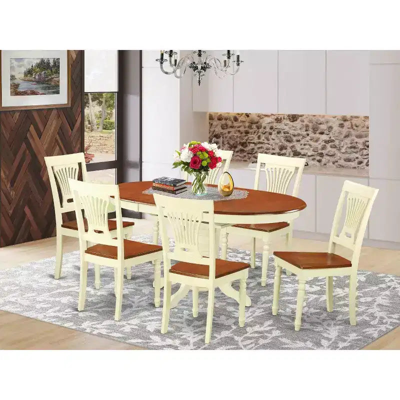 Dining Room Table Set 7 Piece Oval Kitchen Table with 6 Chairs Buttermilk Cherry Finish