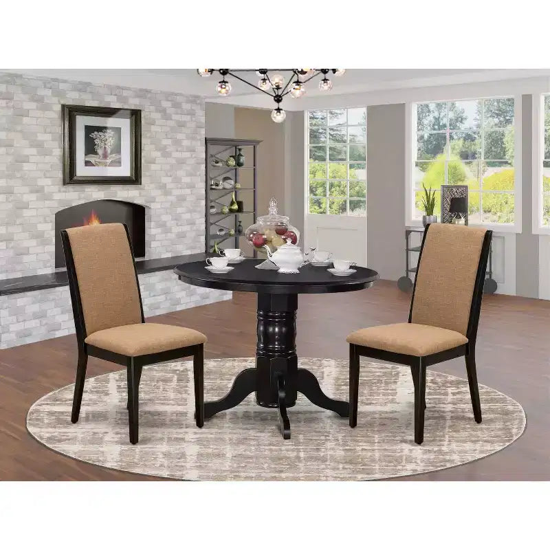 3-Piece Black Finish Solid Wood Top - Round Dining Room Set - Seats 4