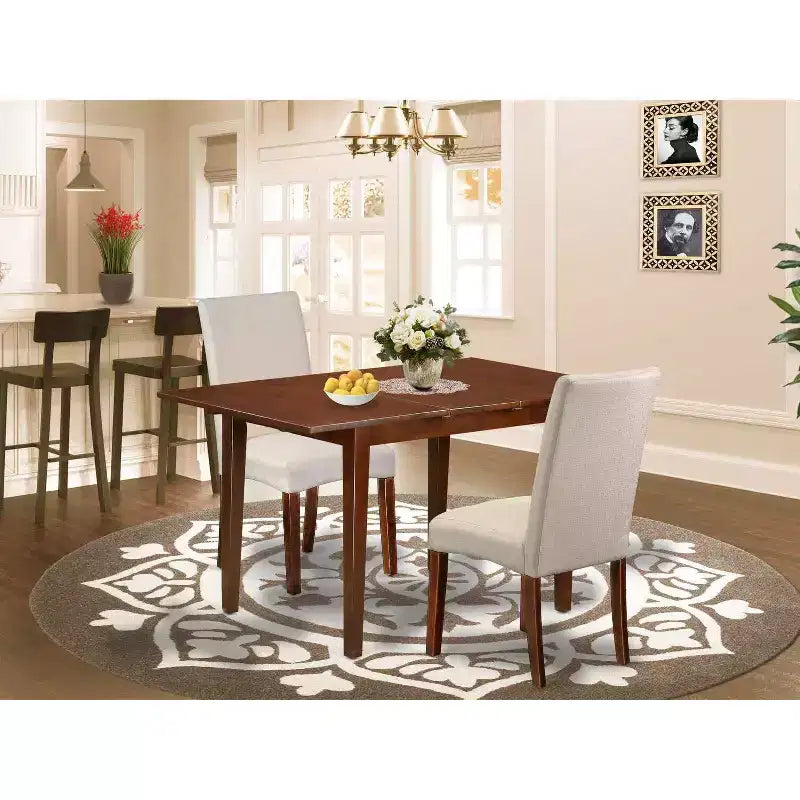 Mediterranean Dining Set - 3pc Rectangular Table w/ Leaf & 2 Parson Chairs - Cream Linen Fabric