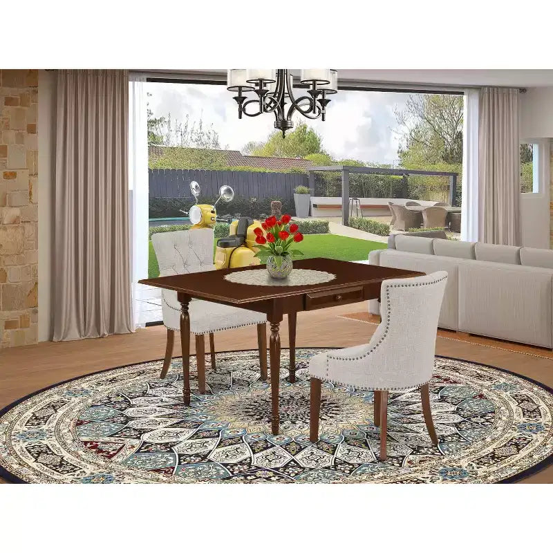 HomeStock 3-Piece Mahogany Finish Solid Wood Top with Dropleaf Dining Table Set