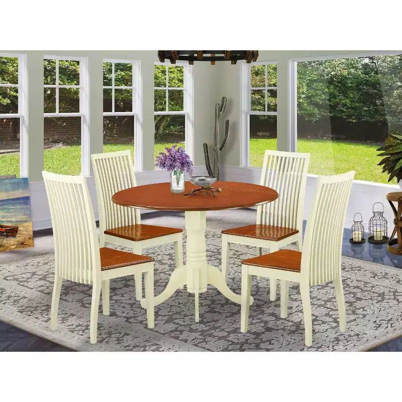 Round Kitchen Table Set with 4 Chairs - 42 Inch Dining Set - Buttermilk Cherry Finish