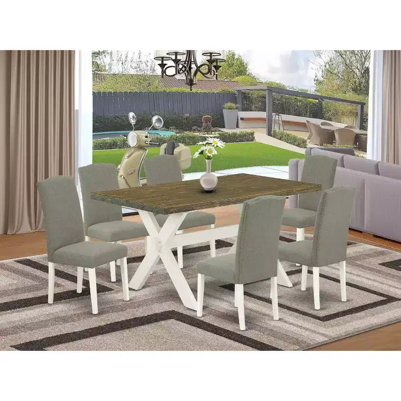 7-Piece Rectangle Distressed Jacobean Finish Solid Wood Top Dining Table with 6 Parson-Chairs with