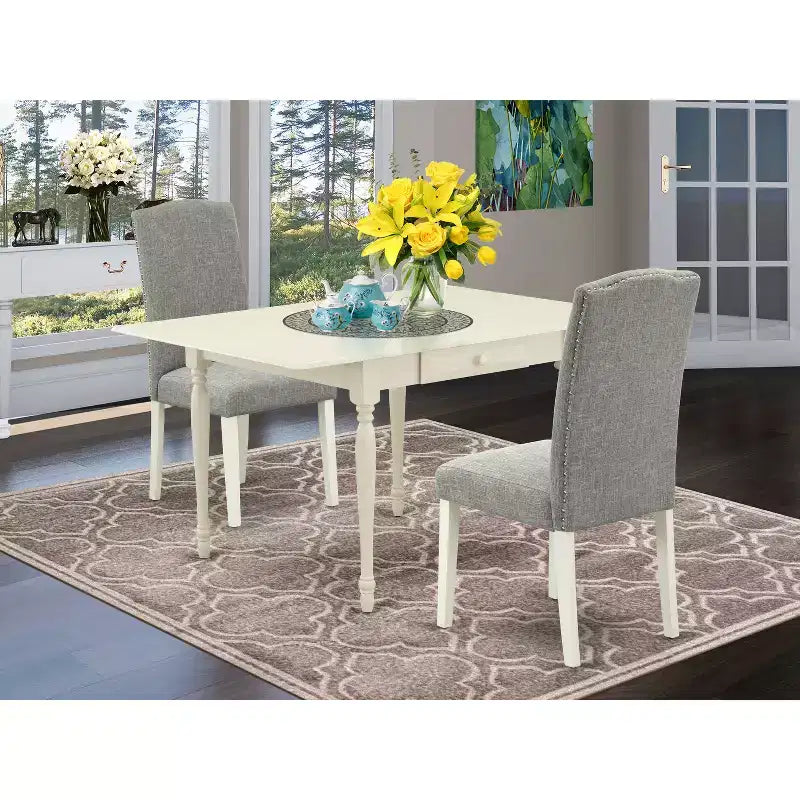 3-Piece Linen White Finish Solid Wood Top Dining Table Set