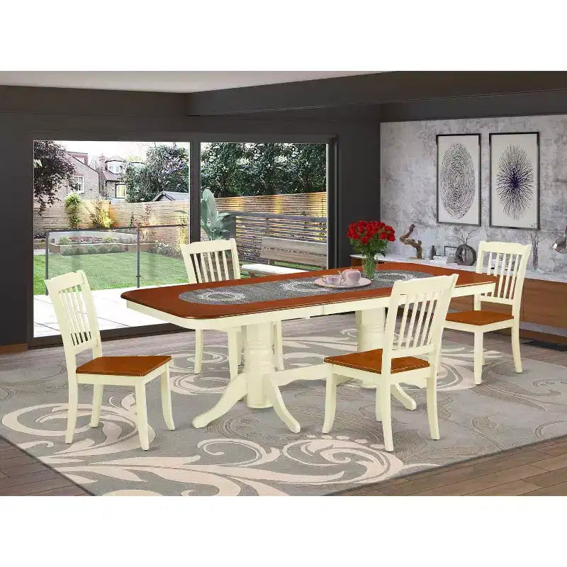 Rectangular Dining Table Set - 5 Piece Table & Chair Set - 60x78 Inch Table with Leaf - Modern Farmhouse Design