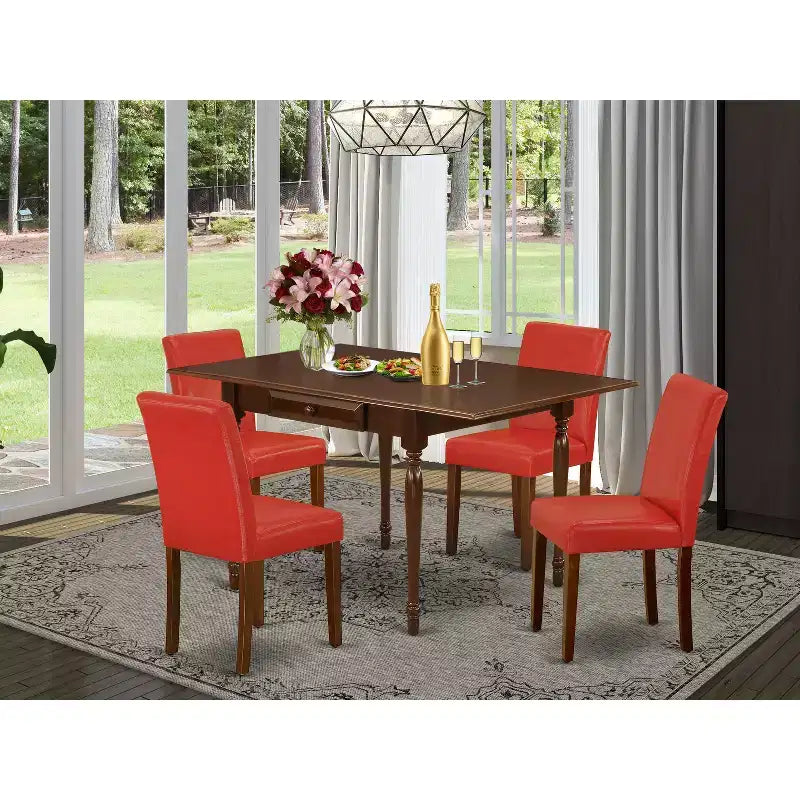 HomeStock 5-Piece Mahogany Finish Solid Wood Top - Dining Room Set with Dropleaf (Seats-4)