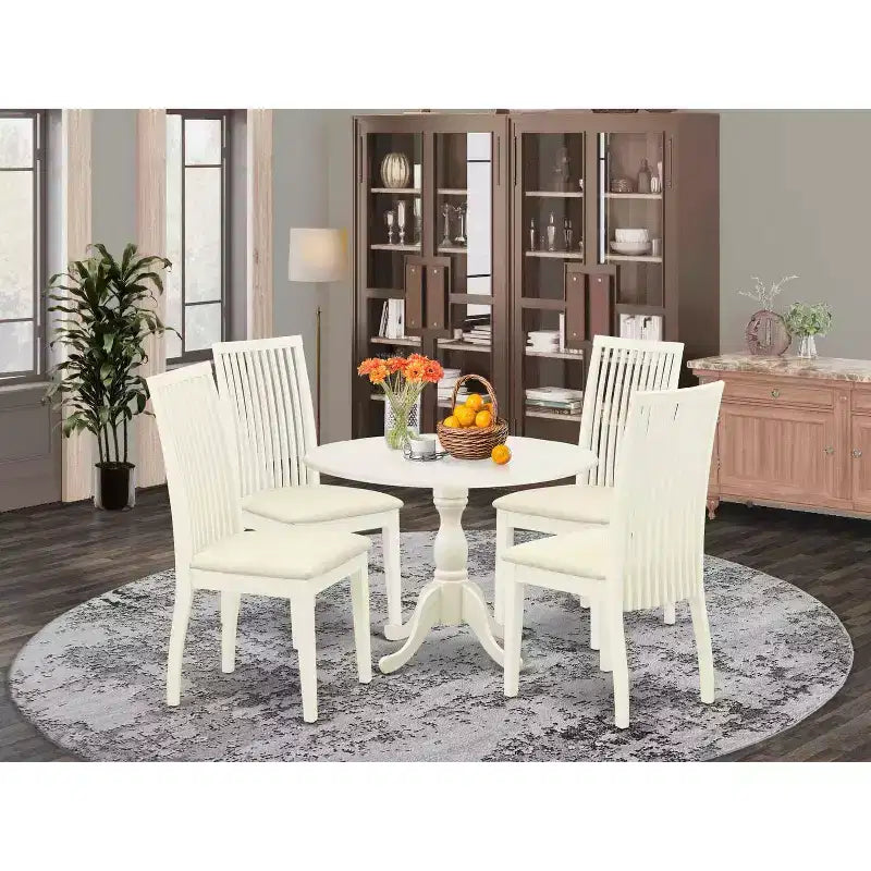 HomeStock 5-Piece Linen White Finish Solid Wood Top Dining table with 4 Chairs with Drop Leaf Slat Back
