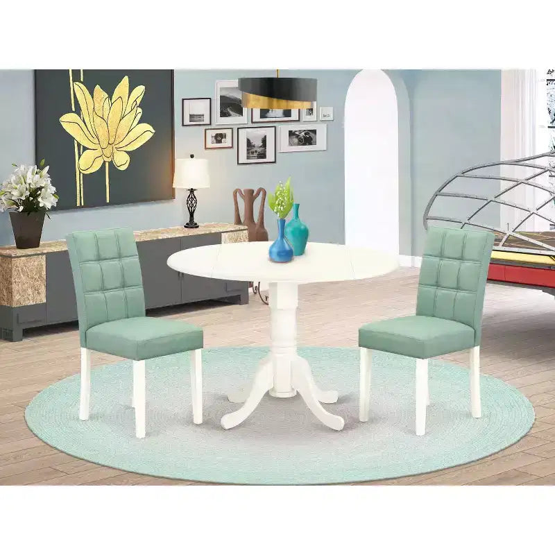 Round Dining Table Set with 2 Chairs - Linen White Kitchen Table & Chair Set