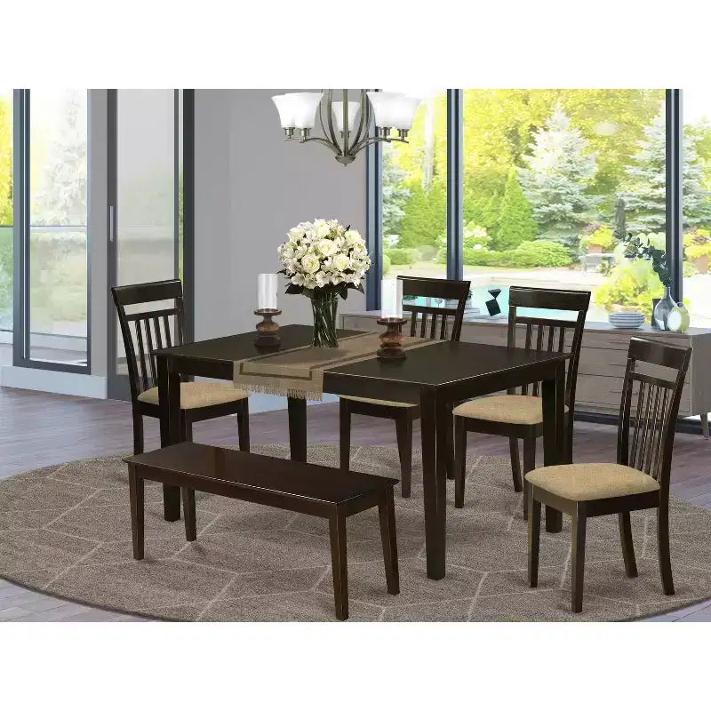Vintage Kitchen Dining Set - 6 Piece Table & Chairs - Linen Fabric Bench - 36x60 Inch Cappuccino