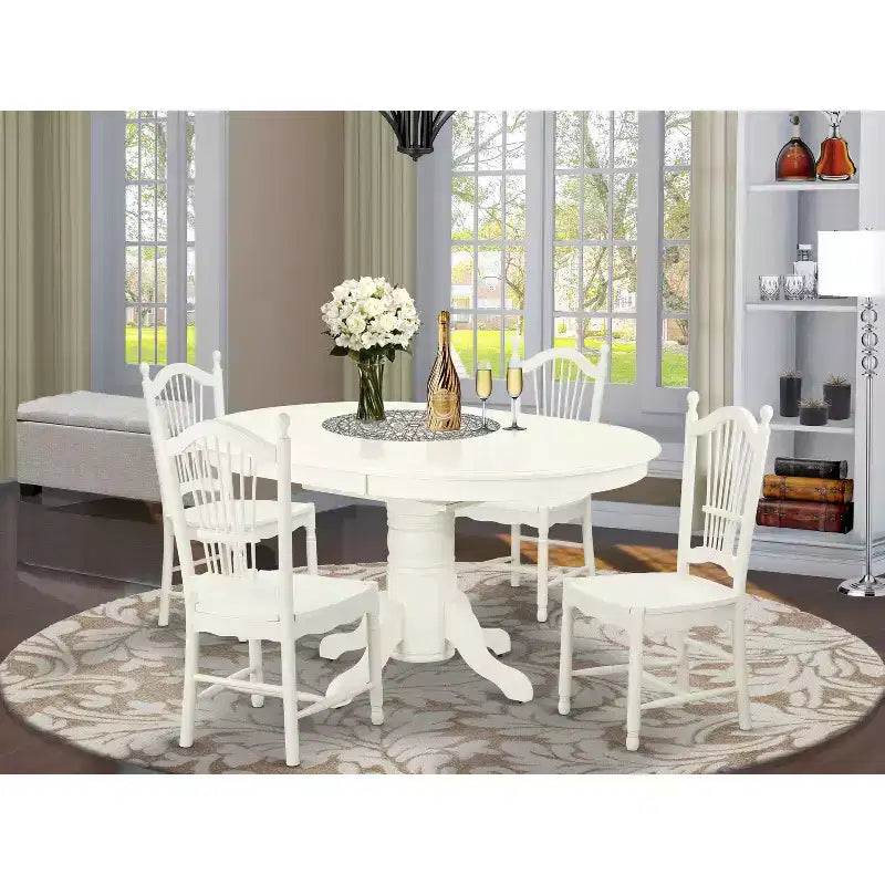 Modern 5 Piece Dining Set - Round Table & 4 Chairs - Linen White Kitchen Set