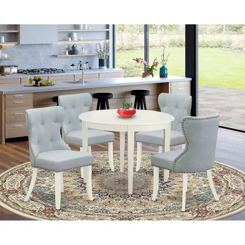 5-Piece Linen White Solid Wood Top - Dining Room Set Seats-4