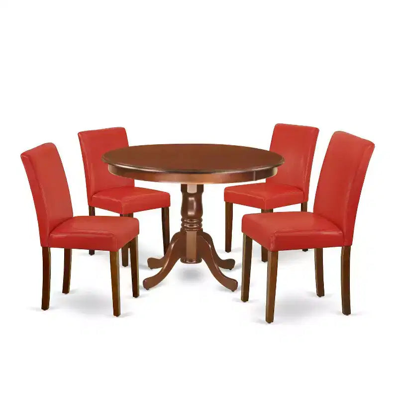 Round Dining Table Set for 4 - 42 Inch Pedestal Table & Firebrick Chairs - Seaside Serenity