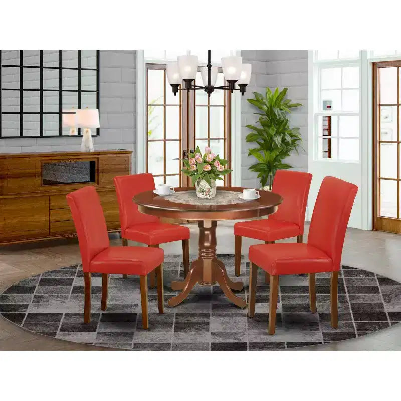 Round Dining Table Set for 4 - 42 Inch Pedestal Table & Firebrick Chairs - Seaside Serenity