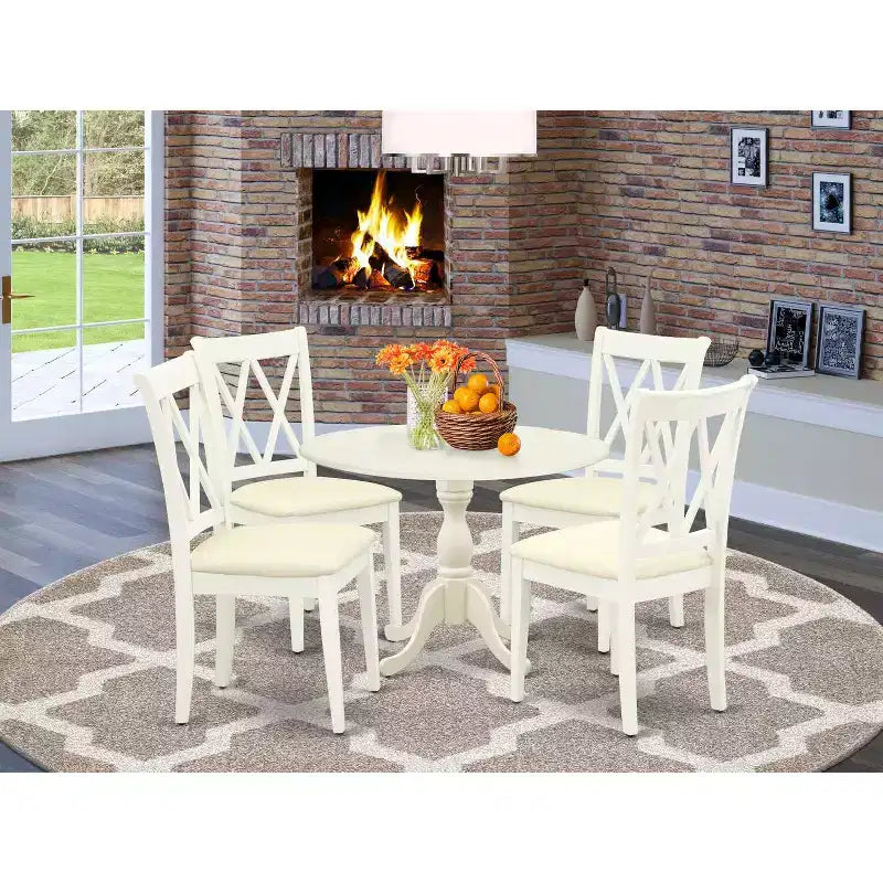 HomeStock 5-Piece Linen White Finish Solid Wood Top Dining table with 4 Chairs with Drop Leaf Lattice Back