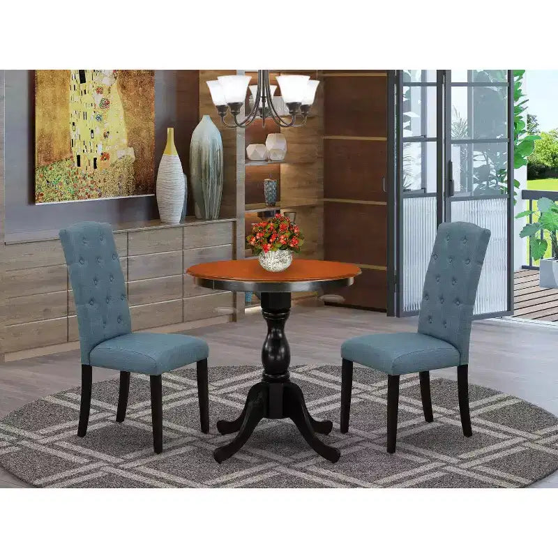 3-Piece Black and Cherry Finish Solid Wood Top - Button Tufted Upholstered Dining Room Set - Seats 4