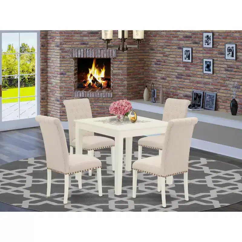 HomeStock 5-Pc Linen White Finish Solid Wood Top - Square Dining Room Set - Seats 4