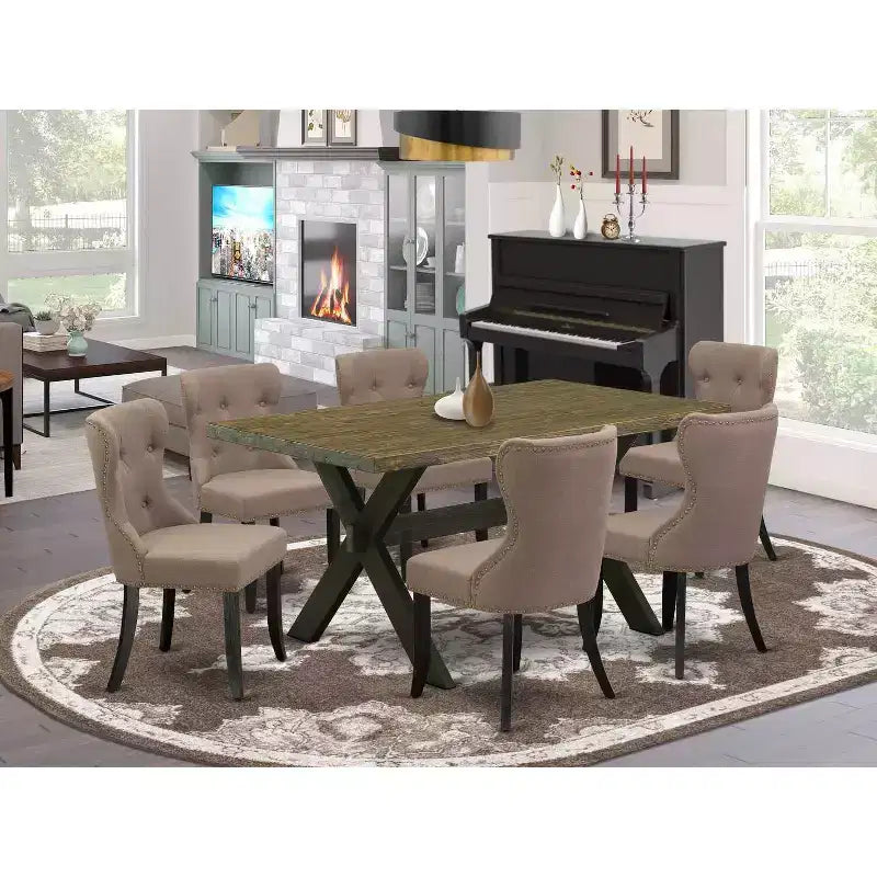 HomeStock 7-Piece Rectangle Distressed Jacobean Finish Solid Wood Top Dining Table with 6-Chairs